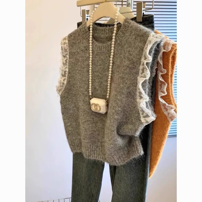 Winter Clothing Wholesale - Femmes pull gilet rétro Patchwork dentelle